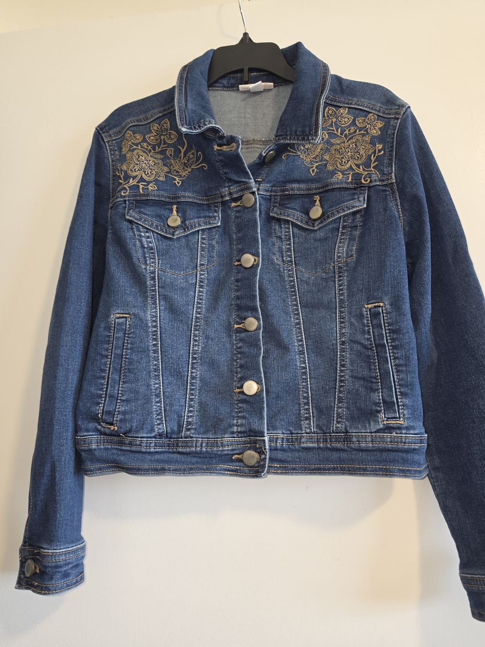 Embroidered Blue Denim Jacket with Gold Floral Accents